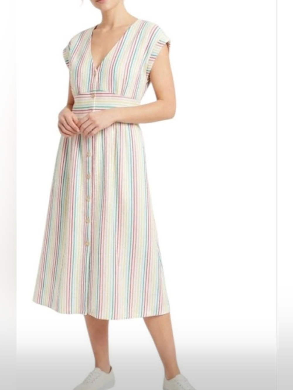 LOFT White Midi Dress with Multicolor Stripes - Picture 5 of 14